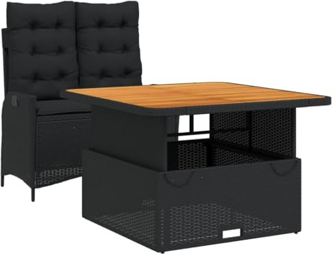 Mhdvray 2-TLG. Garten-Essgruppe Schwarz Poly Rattan mit höhenverstellbarem Tisch 110 x 110 cm und Klappbank Lounge für kleinen Balkon Terrasse Outdoor Dining