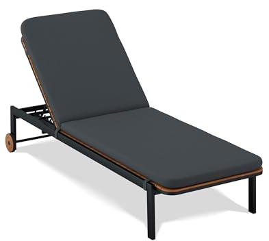 KHG Gartenliege mit Auflage Dunkel-Grau, Relaxliege auf Rollen für Balkon, Terrasse oder Garten mit Verstellbarer Lehne, Alu-Gestell Liegefläche aus Akazie, wetterfest, 120kg belastbar, 68x34x206 cm
