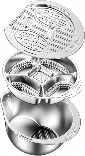 3-i-1 köksredskapsset i rostfritt stål, rissil med lutande botten, bricka med fyra fack och flera blad rivjärn (silver)