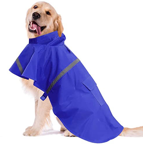OCSOSO Hundemantel Regendicht Hundejacke mit Kapuze für Mittelgroße Hunde, Verstellbarer Regen Mantel Hund Regenjacken, Hunderegenmantel Regenmantel für Hundewelpen/Katzen/Kätzchen (Blau XL)