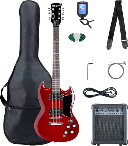 McGrey Rockit Double Cut Komplettset E-Gitarre (8-teiliges Anfängerset mit Gitarre, Verstärker, Ersatzsaiten, Gitarrentasche, Stimmgerät, Plektren, Gurt und Gitarrenkabel) Cherry Red