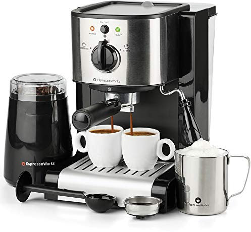 7 Pc All-in-One Espresso & Cappuccino Maker Machine Barista Bundle Set w/Built-in Steam Wand (Inc: Coffee Bean Grinder, Portafilter, Frothing Cup, Spoon w/Tamper & 2 Cups) (Black)