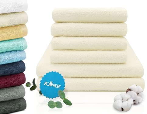 ZOLLNER Handtuch Set aus 4 Handtücher 50x100 cm & 2 Duschtücher 70x140 cm - saugstarke und weiche Tücher in beige - mit praktischem Aufhänger - waschbar bis 60°C - Baumwolle - Hotelqualität