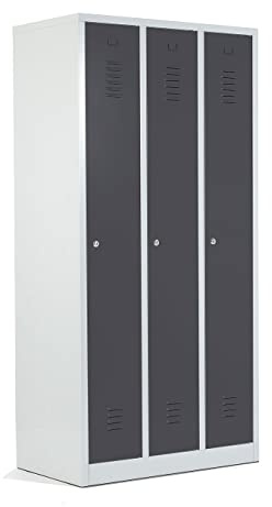Schrank & Stuhl Spind – Metallspind mit 3 Abteilen in 180 x 90 x 50 cm, Schließfachschrank mit Hutboden & Zylinderschlössern, Lieferung komplett montiert, Grau/Anthrazit