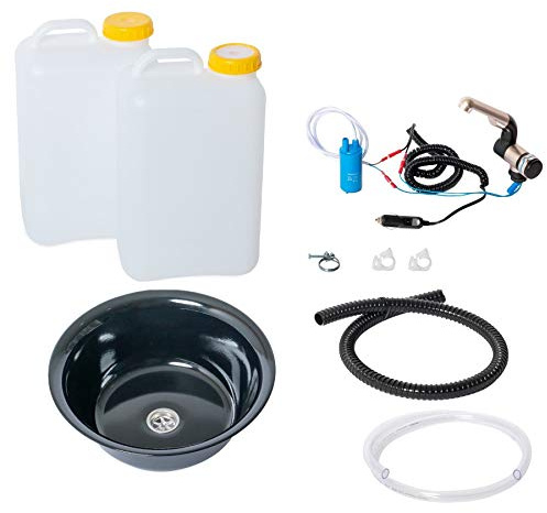 Wasseranlage Imbisswagen Verkaufsanhänger Campingküche 12v Bausatz Spüle schwarz 32cm (320mm) + Wasserhahn Barwig Chrom Wasserkanister 19Liter (ad-ideen)