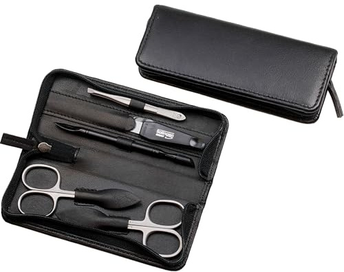Sonnenschein by Hans Kniebes | Maniküre Set 5 teilig | Nagelschere, Hautschere, Nagelfeile, Pinzette, Maniküre-Hufstab| Edelstahl rostfrei | Nagelpflegeset Nappa-Lammleder Manicure Etui schwarz