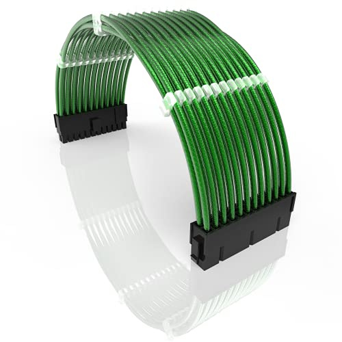 LINKUP - 30cm PSU PC Power Extension Cable Metallic Sleeved Silicone Coated Soft & Flexible to Route Custom Mod w/Comb | 1x 24P (20+4) Motherboard ATX | 300mm - Green