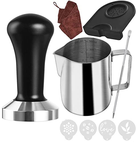 51mm Coffee Tamper Set Coffee Press for Portafilter Machine Espresso Tamper with Tamper Mat, Milk Jug (350 ml), Barista Towel, Latte Art Pen and Decorative Stencils