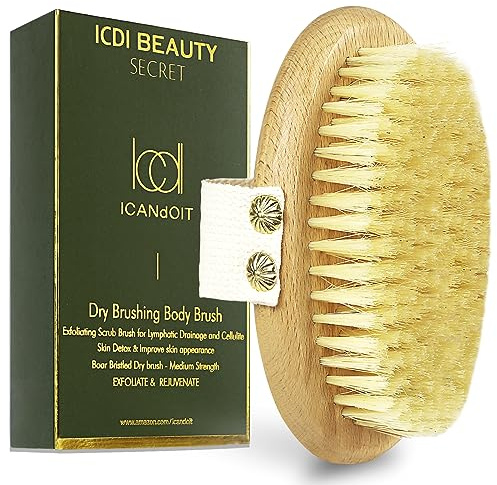 ICANDOIT Trockenbürste mit Wildschweinborsten, trockene Haut, Peeling-Massagebürste für Cellulite und Lymphatik, verbessert die Durchblutung, stoppt eingewachsene Haare, reduziert Akne, macht die Haut