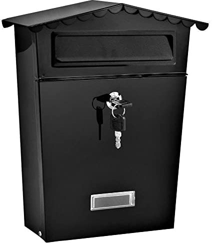 Wall Mounted Strong Tough Galvanised Powder Coated Black Waterproof Outside Lockable Mailbox Letter Mail Post Box - Easy to Install - Comes with Set of 2 Keys