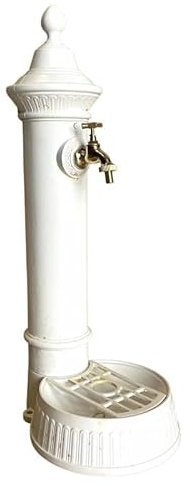 L'Héritier Du Temps Fontaine de Jardin à Poser Source en Fonte d'Aluminium Patinée Blanche avec Robinet Fonctionnel en Laiton 26x35x72cm