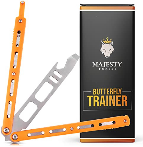MAJESTY FOREST® Butterfly Trainer (Orange) - Balisong Trainingsmesser mit E-Book zum Tricks Lernen - Integrierter Flaschenöffner und Schraubendreher