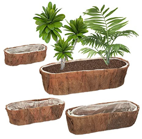 Relaxdays Set da 4 Fioriere, Vasi Portafiori, 4 Misure, Portapiante da Balcone e Davanzale, Pellicola, Marrone Naturale