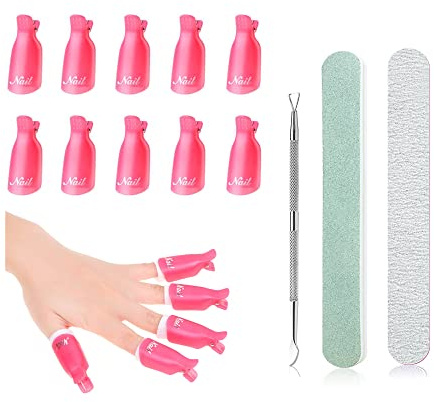 Nagellackentferner Clips Set, 10 Stück Nagel Klammer mit Nagelhaut DrückerTrimmer und 2 Stück Nagelfeile, Gel Cap Einweichen Clip für Gel Polish Entferner (Rosa)
