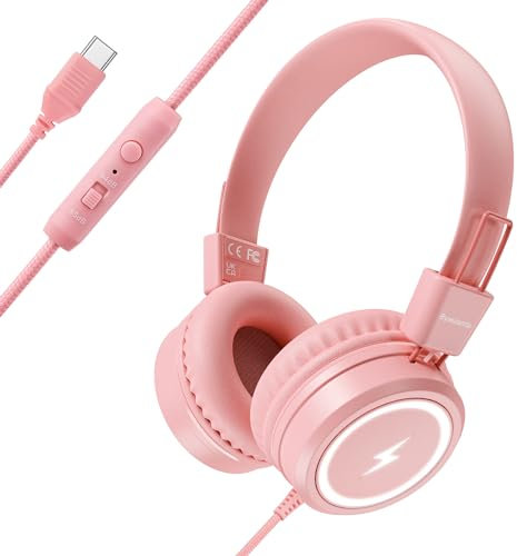 Bywulanda Casque USB de Type C pour Enfants avec Microphone, Limiteur de Volume 85/94 DB, Lumières LED, Rose