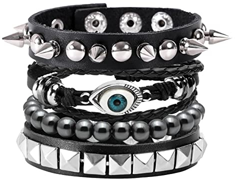 MILAKOO 4 Stk.gewebtes Lederarmband Holzperlenmanschette Herren Nieten Punk Wickelarmband Set，B14
