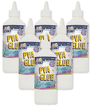 Craft Planet 0.5 Litre Pack of 6, White Strong, Tacky PVA All Purpose Glue for Kids Art, Toddler Crafts, School Supplies, Woodwork, Home Projects, DIY, for Paper, Wood, Craft Materials