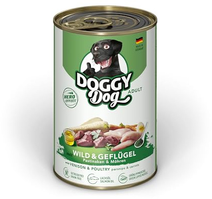 Doggy Dog Paté Wild & Volaille - 6 x 400 g - Nourriture Humide pour Chien - sans céréales - avec Huile de Saumon et Moule à lèvres Vertes - Aliment Complet avec panais et Carotte - Fabriqué en