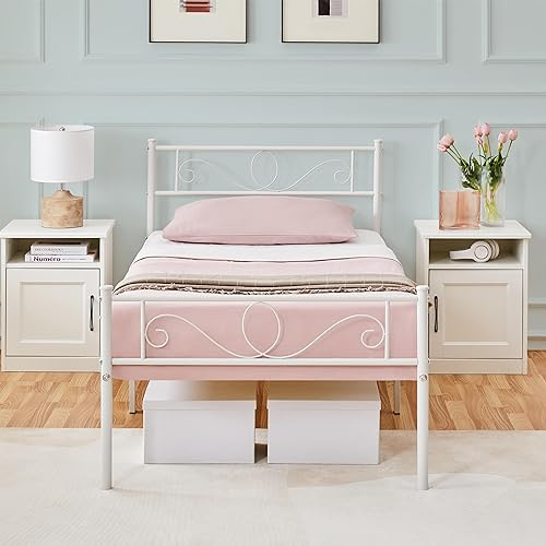 Yaheetech Bettrahmen, 90x200 cm Bett mit Lattenrost, Einzelbett aus Metall | Metallbett, Gästebett, Jugendbett mit Kopfteil für Schlafzimmer Gästezimmer, Weiß