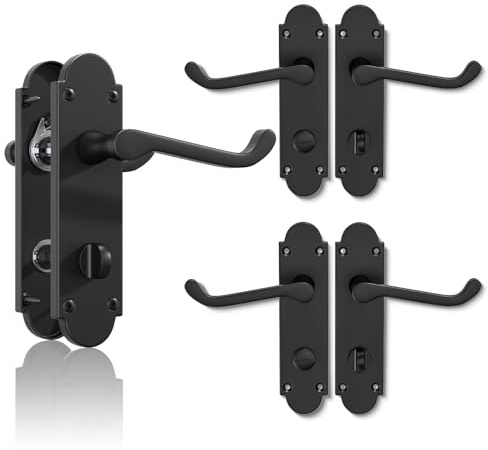 Bwintech 3 Sets Matt Black Richmond Lever on Plate, Latch Furniture, Backplate Door Handles, with Bathroom knob, Suitable for Wooden Doors