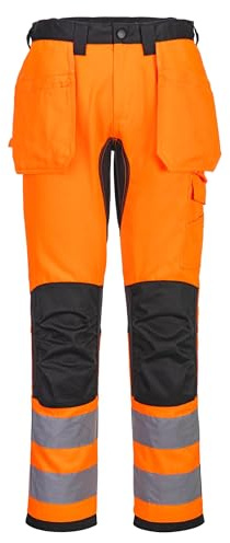 Portwest CD889 WX2 Eco Hi Vis Holster Pocket Work Trousers Durable Recycled Polycotton Stretch Panels Stain Resistant Knee Pad Compatible High Visibility Workwear, Orange/Black, 38