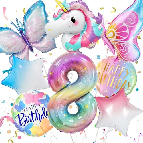 Konoz Einhorn Geburtstagsdeko für Mädchen 8 Jahre - Luftballons, Folienballon 8, Schmetterling Deko