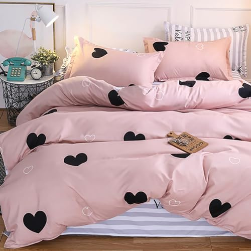 Nayoroom Bettwäsche Herzen 135x200 Rosa Schwarz Herzmuster Bettbezug 2 teilig Microfaser Gestreift Wende Bettwäsche Set und Kissenbezug 80x80 cm Reißverschluss