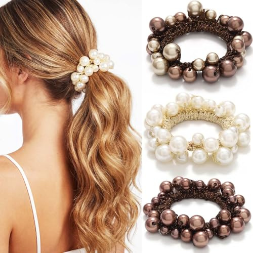 Reaky Perlen-Haargummis, Haargummis mit Perlen, ausgefallene Pferdeschwanzhalter, dekorative Haar-Accessoires für Frauen (Beige, Braun)