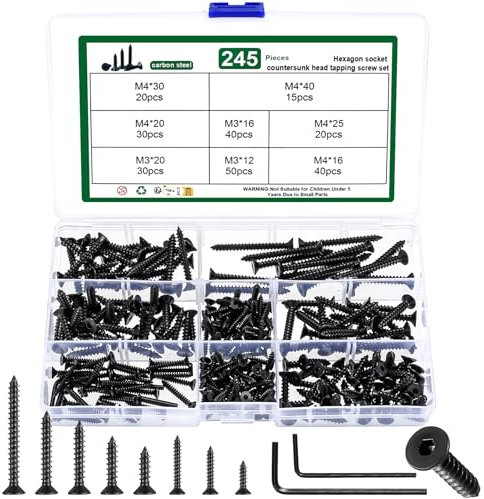 245 Pièces M3 M4 Vis Autotaraudeuses, Vis à Bois à Tête Plate, vVis à Tête Fraisée à Six Pans CreuxVis Autoperceuses pour Réparation, Bricolage, Meubles, Terrasse en Aggloméré