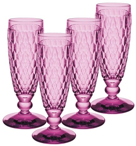 Villeroy & Boch Boston Berry - Juego de 4 copas de champán de 145 ml, con patrón facetado, cristal para champán y vino espumoso, apto para lavavajillas, color rosa