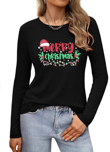 Gyabnw Womens Christmas T Shirt Santa Hat Print Long Sleeve Festive Top | Funny Santa hat graphic for Christmas parties family gatherings holidays casual winter wear and seasonal gifting