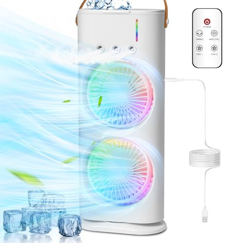 Bwaliffury Aire Acondicionado Portátil, Mini Enfriador de Aire, Enfriador De Aire, Enfriador por Evaporación con 7 Colores LED, Temporizador, 3 Velocidades
