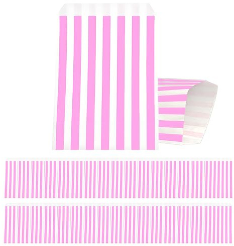 100 Stück Papiertüten, Gestreifte Butterbrottüten, Pink Candy bar Tüten, Klein Geschenktüten Tütchen Säckchen zum Verpacken von Geschenken, Giveaways, Kindergeburtstag, Hochzeit, Party, usw