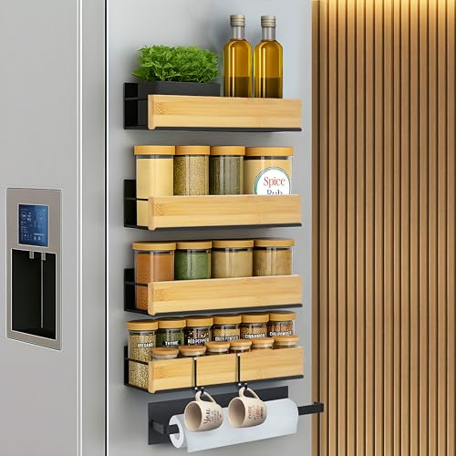 ARIBAGGI 4 Pack Magnetic Spice Rack for Refrigerator – Strong Magnetic Shelf for Fridge, 4 Large Spice Organizers, Paper Towel Holder & 8 Hooks – Kitchen Storage by Home Haven.