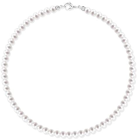 RWQIAN Perlenkette Herren Damen 6mm/8mm Perlen Kette Weiße Faux Perlenkette Choker Halskette Perlen Schmuck 40/45/50/55/60cm