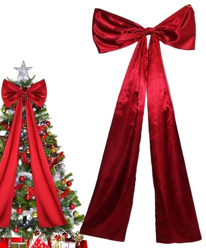 Fiocco per albero Natale | Puntale per albero Natale con fiocco rosso extra large 120 cm | Fiocchi gigantii nastro rosso | Puntale per albero con fiocco in raso con lunghe stelle filanti