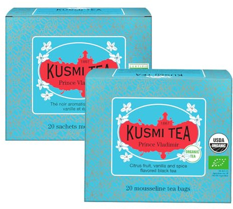 Kusmi Tea - Prince Vladimir - Lot de 2 boîtes - Earl Grey Bio à l'Orange, Aromatisé aux Agrumes, Cannelle, Bergamote, Vanille et Épices - Thé caféiné - 2x20 Sachets de Thé