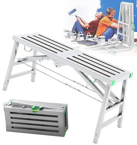 Échelle d'échafaudage pliable réglable avec capacité de charge de 400 kg en acier galvanisé, pieds antidérapants, plate-forme de travail portable pour échafaudage, hauteur réglable de 37 cm et 200 cm