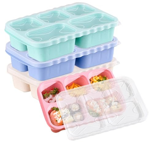 Greyoe 4 Piezas Tupper Compartimentos, Meal Prep Containers, Fiambrera con 5 Compartimentos, Caja Bento Cuadrada, Hermética y Portátil para Fruta, Merienda y Viajes