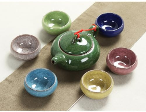 HGDESIGN Porzellan Teeset mit Teekanne und 6 Teetassen, Buntes Eisrissglasur Porzellanteeset, mit Fish Design, Topfbecher, Chinesisch Japanisch Kong Fu Teeservice Asiatisch Teekanne Set (A)