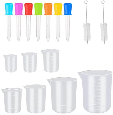 7 Pack Measuring Cups with 7 Pcs Reusable Droppers 2 Cleaning Brushes, Measuring Jugs Set Transparent Heat Resistant Lab Graduated Beakers, Beakers Mixing Cups Liquid Measure Tool ﻿
