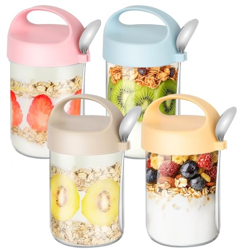 Nymblis 4 Pack Overnight Oats Jars, Glass Oats Overnight Containers | 14oz Capacity, Reusable Glass Jars, with Spoon and Screw Lids, Portable Breakfast Pot for Yogurt, Cereal, Salad, Fruit