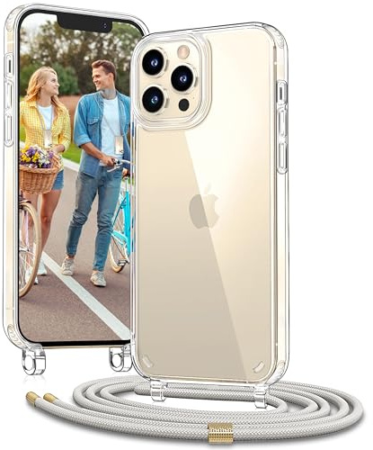 Vaykwo Handykette für iPhone 12 und iPhone 12 Pro Hülle mit Band, Beige | Necklace Handyhülle, Transparente Case zum Umhängen, Verstellbar und Abnehmbar