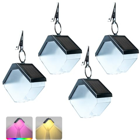 SEEMAIL Hanging Solar Lights for Fence, Solar Chain Links Fence Lights IP65 Waterproof, Outdoor Colored RGB & Warm White Light for Fence Wall Garden (4pc)