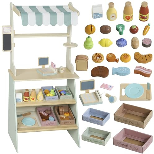 AIYAPLAY Kaufladen für Kinder Kaufladen Supermarkt mit Kasse Scanner Tafel 34 Spielzubehör Kinder Spielset Rollenspiele Geburtstag Spielzeug ab 3 Jahren Grün