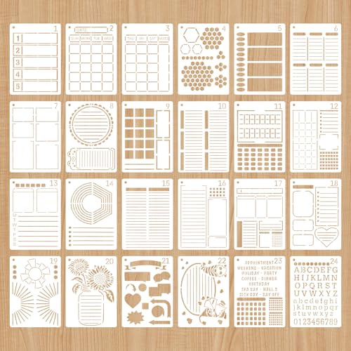 Journal Schablonen, 24 Stück Schablonen Bullet Journal Kunststoff Wiederverwendbares Bullet Journal Zubehör für Scrapbook Notizbuch Tagebuch