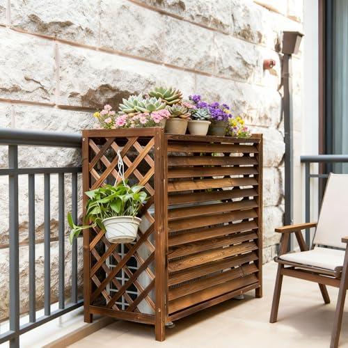 Cache Clim Bois Cache Climatiseur Extérieur Bois Massif Pour Jardin Cache Pompe a Chaleur Extérieur Résistance Aux Intempéries Housse Climatiseur Décoratif Clôture Privée Pour Balcon(86x35x80cm)