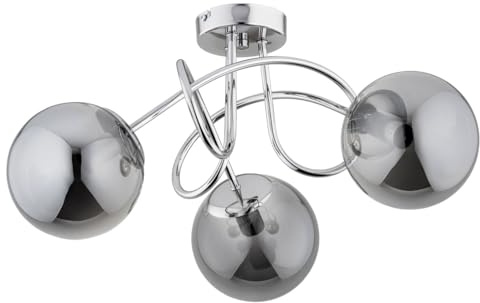 Licht-Erlebnisse Deckenlampe Chrom Grau B: 50 cm E14 3-flammig Kugel Schirm Retro Rauchglas Metall Deckenleuchte Wohnzimmer Flurlampe