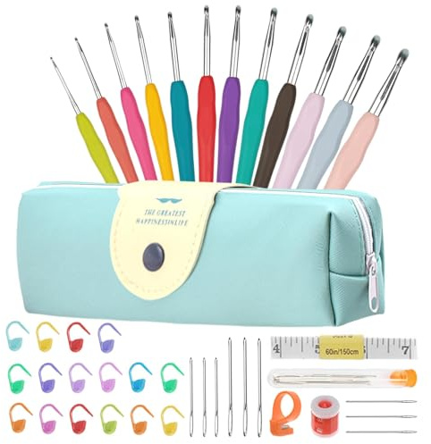 Häkelnadel Set 12 Stück Häkelset für Anfänger Wolle Zum Häkeln Stricken Nadeln Kit 2.0 mm-8.0 mm Ergonomische Soft Gummi Comfort Grip Häkelnadeln Kit mit Tragbaren Tasche (Hellgrün)