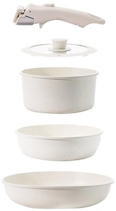 Pots and Pans Set Non-Stick, 5PCS with Detachable Handles, Stone Coated Aluminium Cookware, Induction and Oven Safe, Space-Saving Stackable Design, Home & RV Kitchen